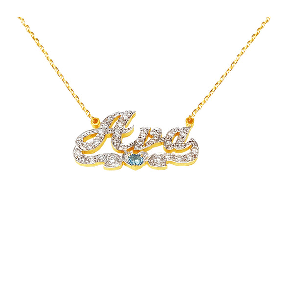 Lee 303A Gold 1.5” Size and 35 CZs Setting with big color stone on Name with Heart Tail thick Necklace