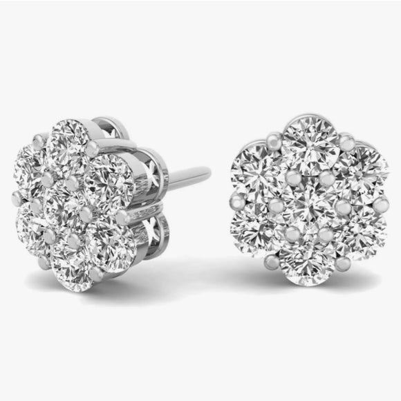 Round Cut Clarity Lab Created Diamond Flower Earrings Studs and Screw back Gold Jewelry