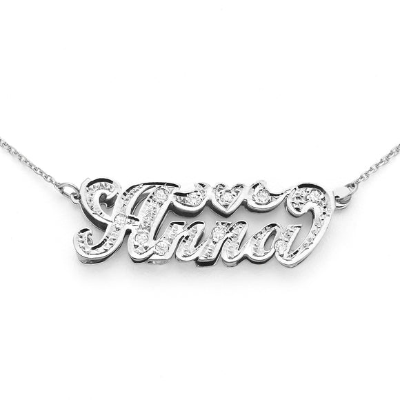 SNS 368 Sterling Silver 1.25” Small Size and 12 CZs Setting on Name with Top Heart Tail 3D Necklace