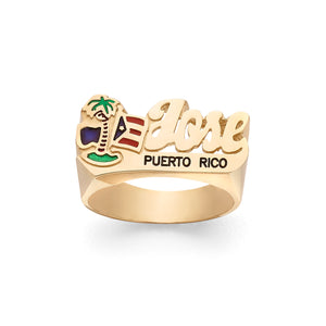 LEE171 10k Gold 12mm Flag Name Ring with Palm Tree