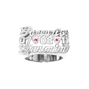 SNS 088d Sterling silver Two Name and Dates Pavecut on First Letters and 2 CZs on Hearts Name Ring