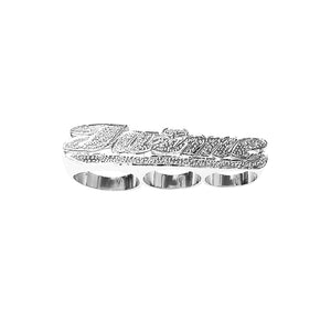 SNS 092d Sterling silver 13mm size Script Letter with illuminated All Pave Cut Straight Tail Three Finger Name Ring