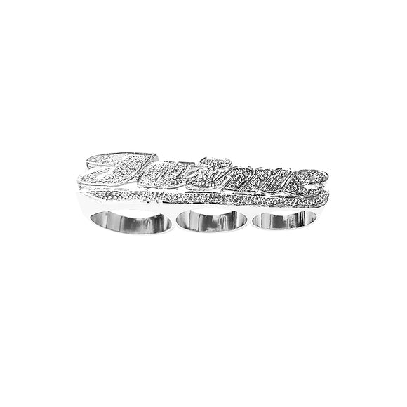 SNS 092d Sterling silver 13mm size Script Letter with illuminated All Pave Cut Straight Tail Three Finger Name Ring