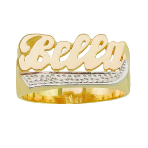Lee107dZ Personalized Gold 9mm Medium Size Script Letter and Pave Cut Tail Name Ring