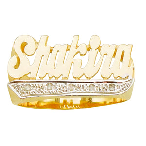 Lee118c Personalized Gold 11mm Size with CZs on Straight Tail Script Letter Name Ring