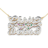 Lee 380 Gold 1.75” Size and 24 CZs Setting on Script Letters Two Names and Hearts 3D Necklace