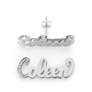 SNS822 Silver 1" size Accent on First Letter and No Tail Double Layer Name Earring Dazzling 3D Name Earrings