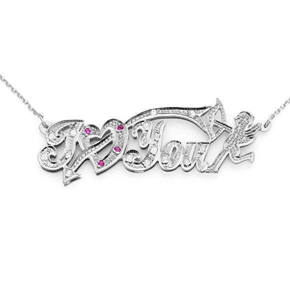 SNS 385 Sterling Silver 2.25” Size and 16 CZs Setting on Name with Angel 3D Necklace