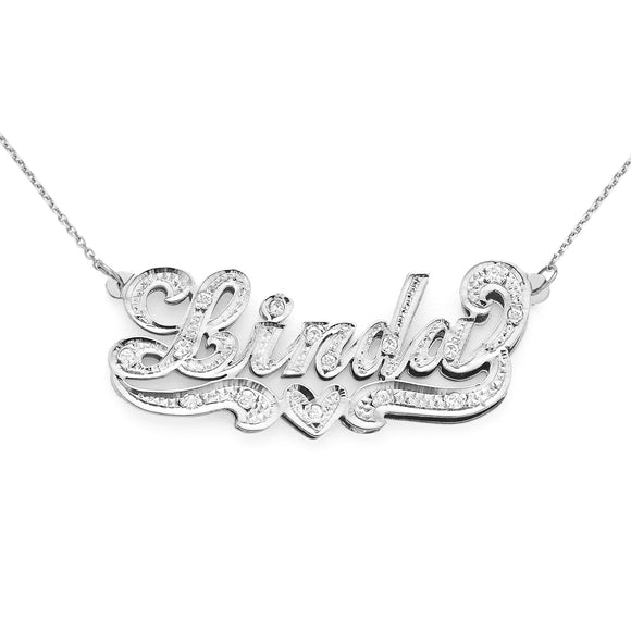 SNS 355 Sterling Silver 1.6” Regular Size and 15 CZs Setting on Name with Heart Tail 3D Necklace