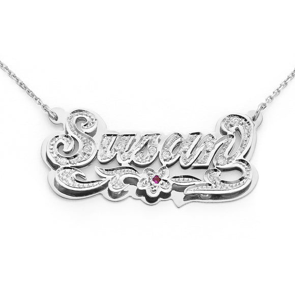 SNS 372 Sterling Silver 1.5” Size and 15 CZs Setting on Name with Flower Tail 3D Necklace
